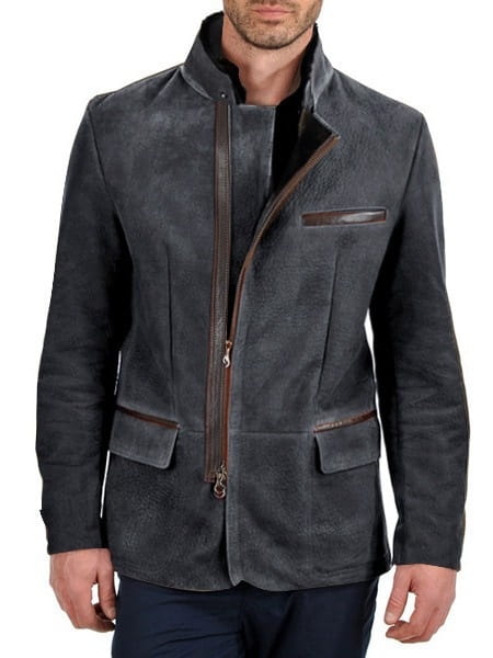 Dark gray suede men casual jacket with stand collar brown leather trim and zipper coat details.