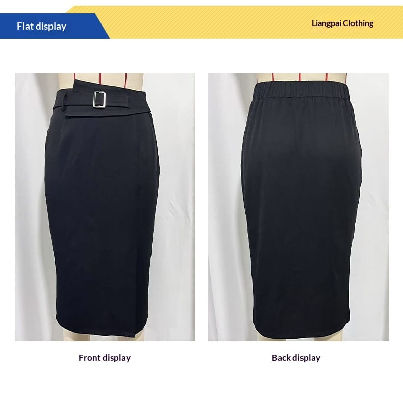 Black high waisted pencil skirt featuring a silver toned belt buckle and an elastic waistband.
