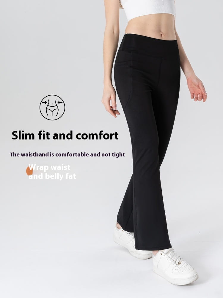 Schwarze High-Waist ausgestellte Yoga-Hosen mit bequemem, elastischem Bund, entworfen als Taschen-Bootcut-Hosen.