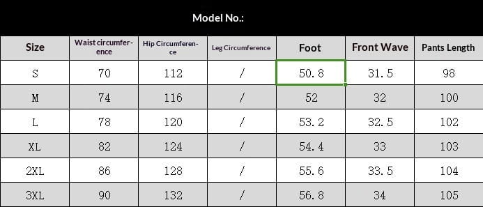 The table displays size measurements for men’s premium relaxed wide leg denim jeans including waist hip leg circumference foot length front wave and pant length across sizes s through 3xl.