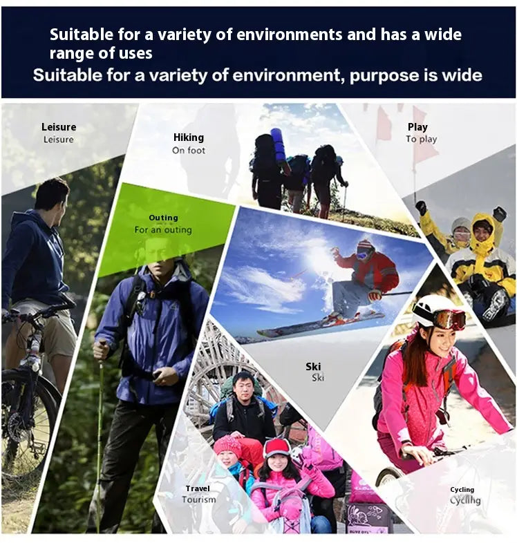 Men’s waterproof tactical hiking pants in dark color designed for multifunctional outdoor activities including hiking, skiing, cycling, and travel.