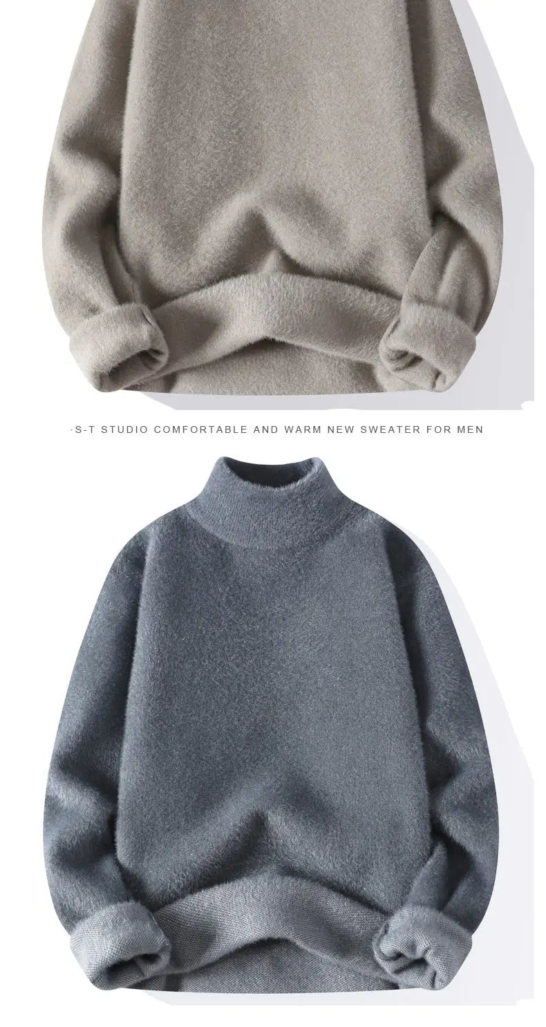 A cozy heather gray men half turtleneck sweater with a soft fleece-like texture and ribbed cuffs designed as a warm knit pullover.