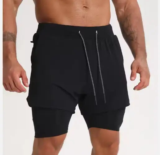 Men’s black 2-in-1 breathable quick dry athletic training shorts featuring a layered design and silver zipper drawstring for enhanced comfort and performance.