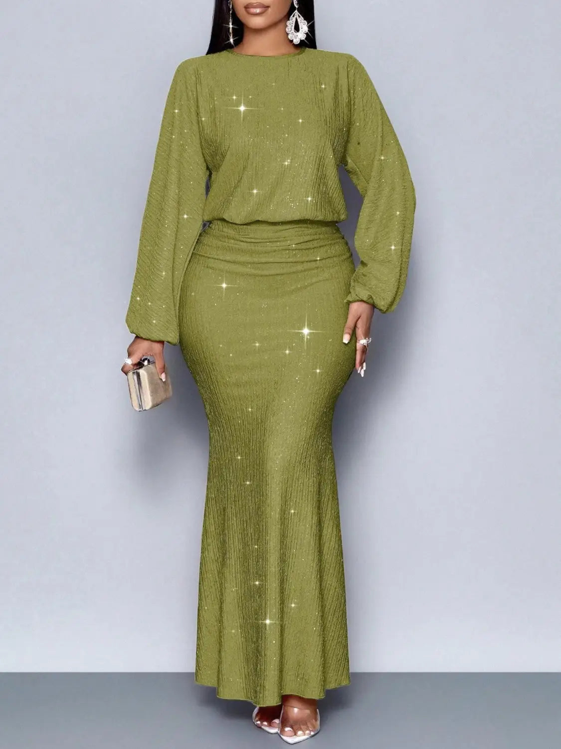 Olive green sequin lantern sleeve two piece set with long sleeves and a fitted mermaid skirt featuring subtle shimmering star-like embellishments across the fabric.