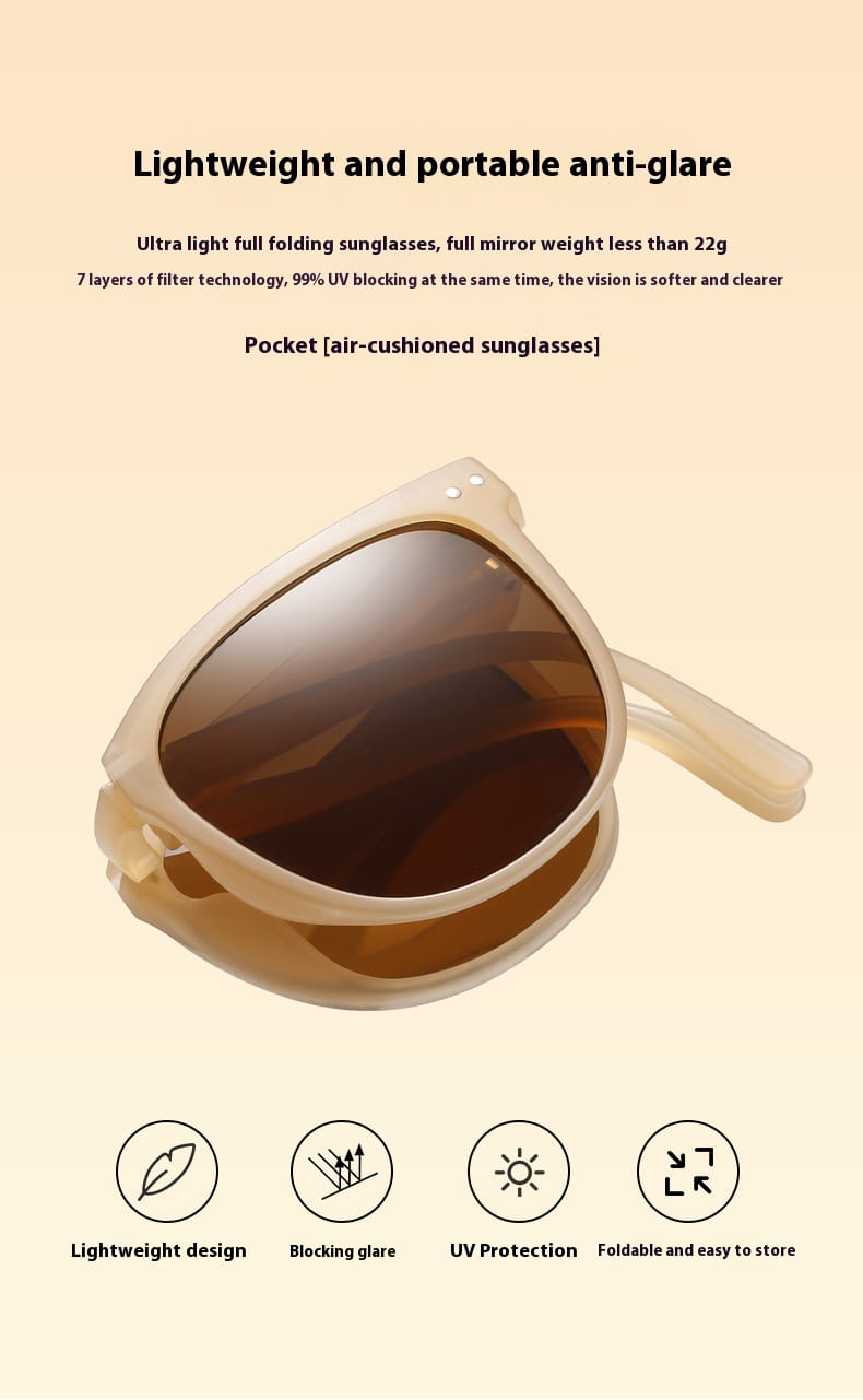 premium polarized folding sunglasses for women in cream color with lightweight design and dark brown lenses.