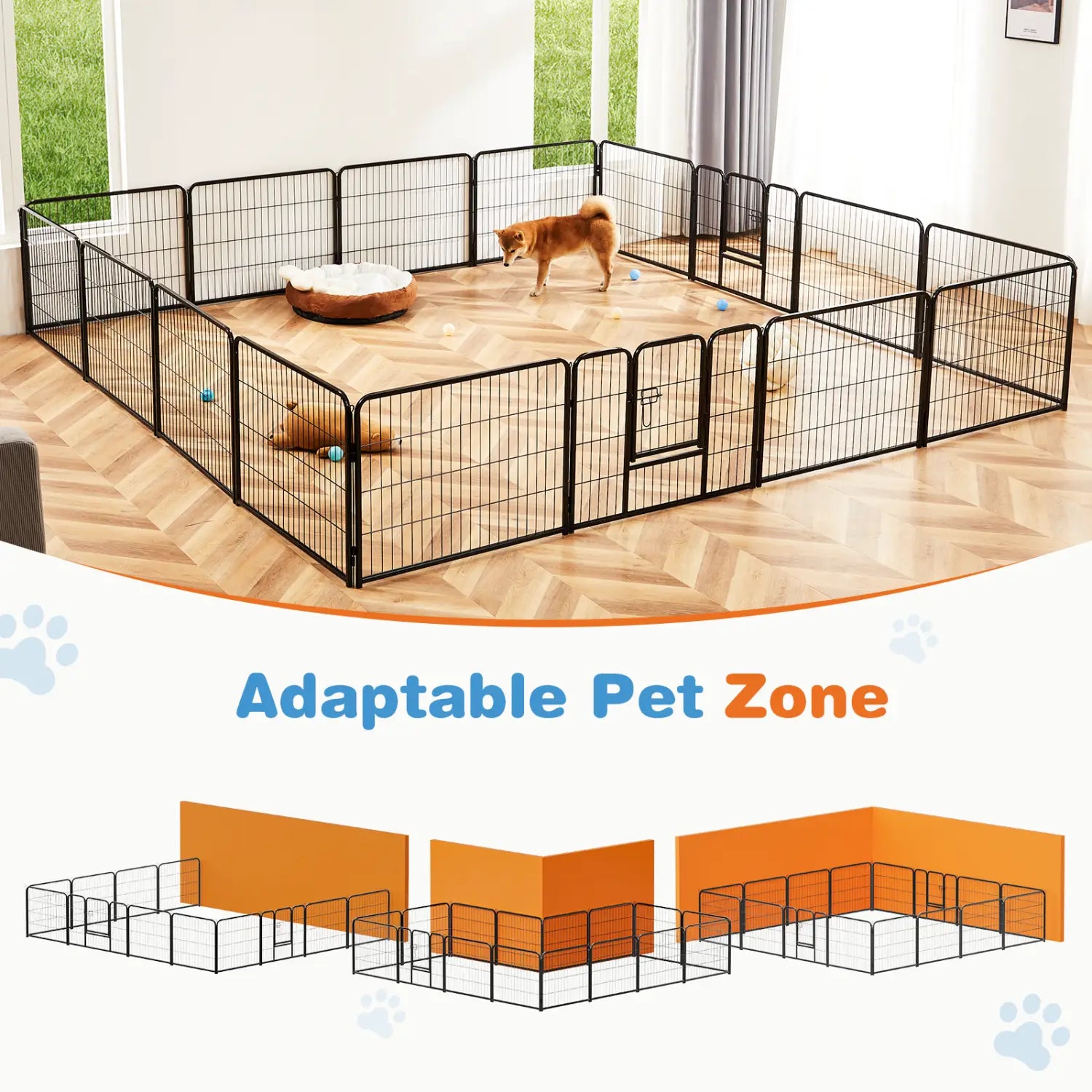 Heavy duty metal dog playpen and exercise fence in black with a herringbone floor pattern and an orange-colored panel option.