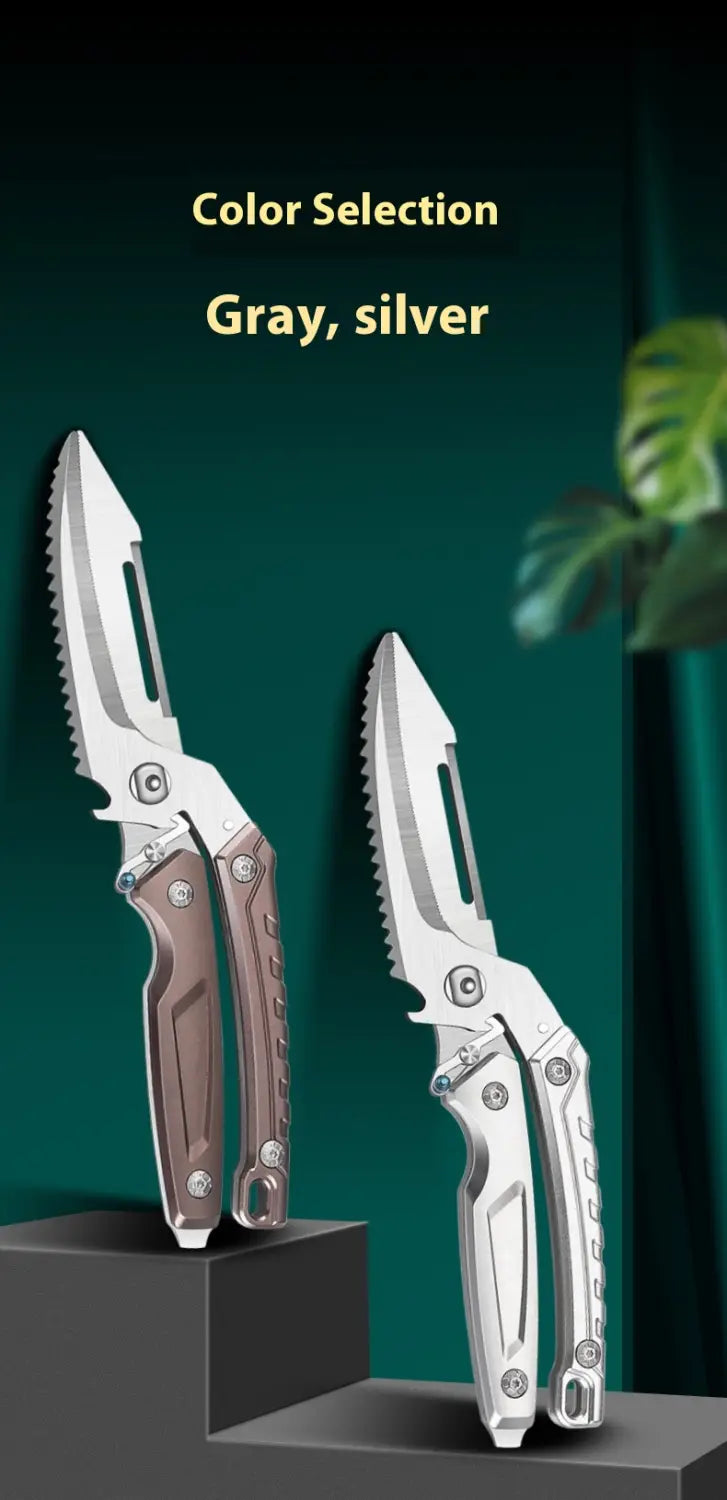 Gray and silver stainless steel chicken bone scissors kitchen shears with textured handles and multi-tool folding knife design.