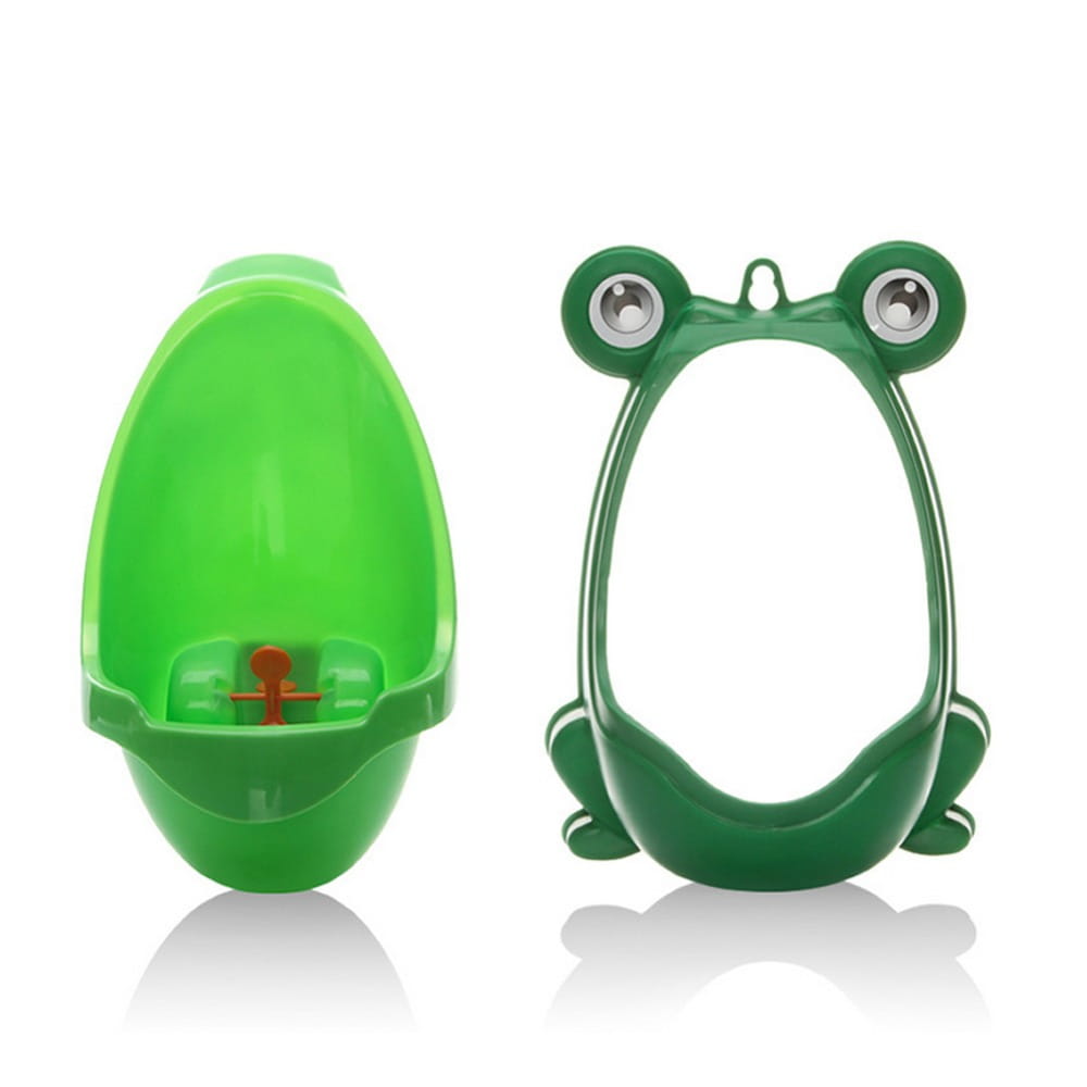 Grüner Kunststoff-Frosch-förmiger Kinderaufsatz für die Toilette mit Glubschaugen und kleinem orangefarbenem Griff, mit drehbarem Windrad zur Verwendung beim Töpfchentraining.