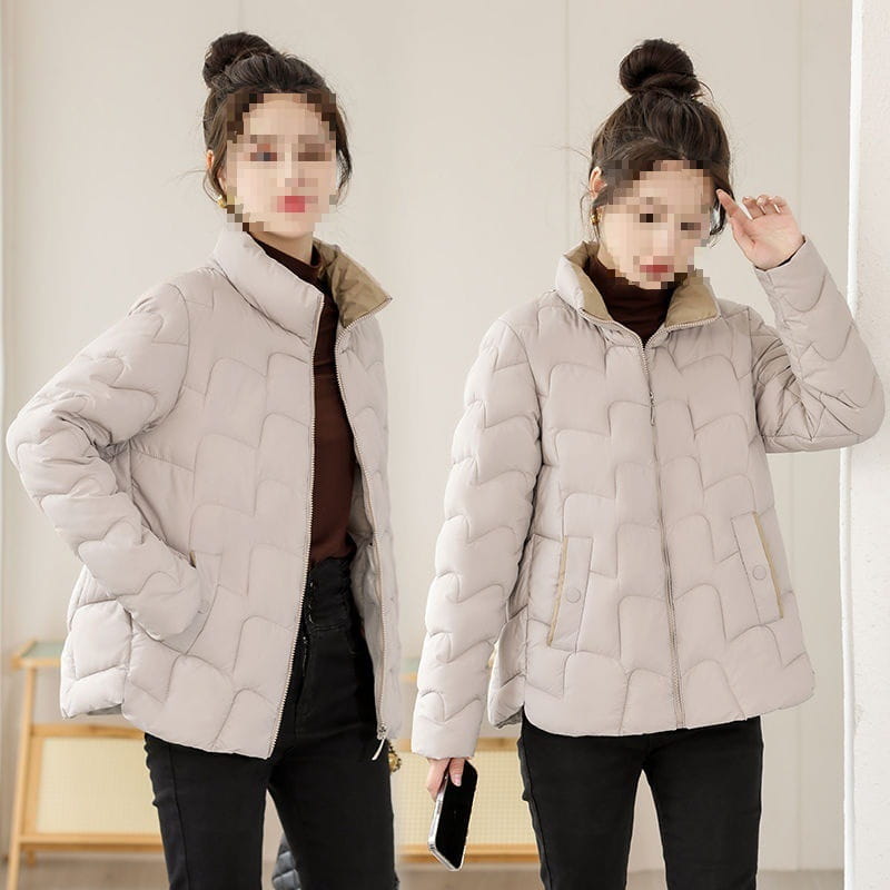 Beige quilted cotton padded coat Korean style jacket featuring a puffer design with a contrasting tan collar and front zipper closure.