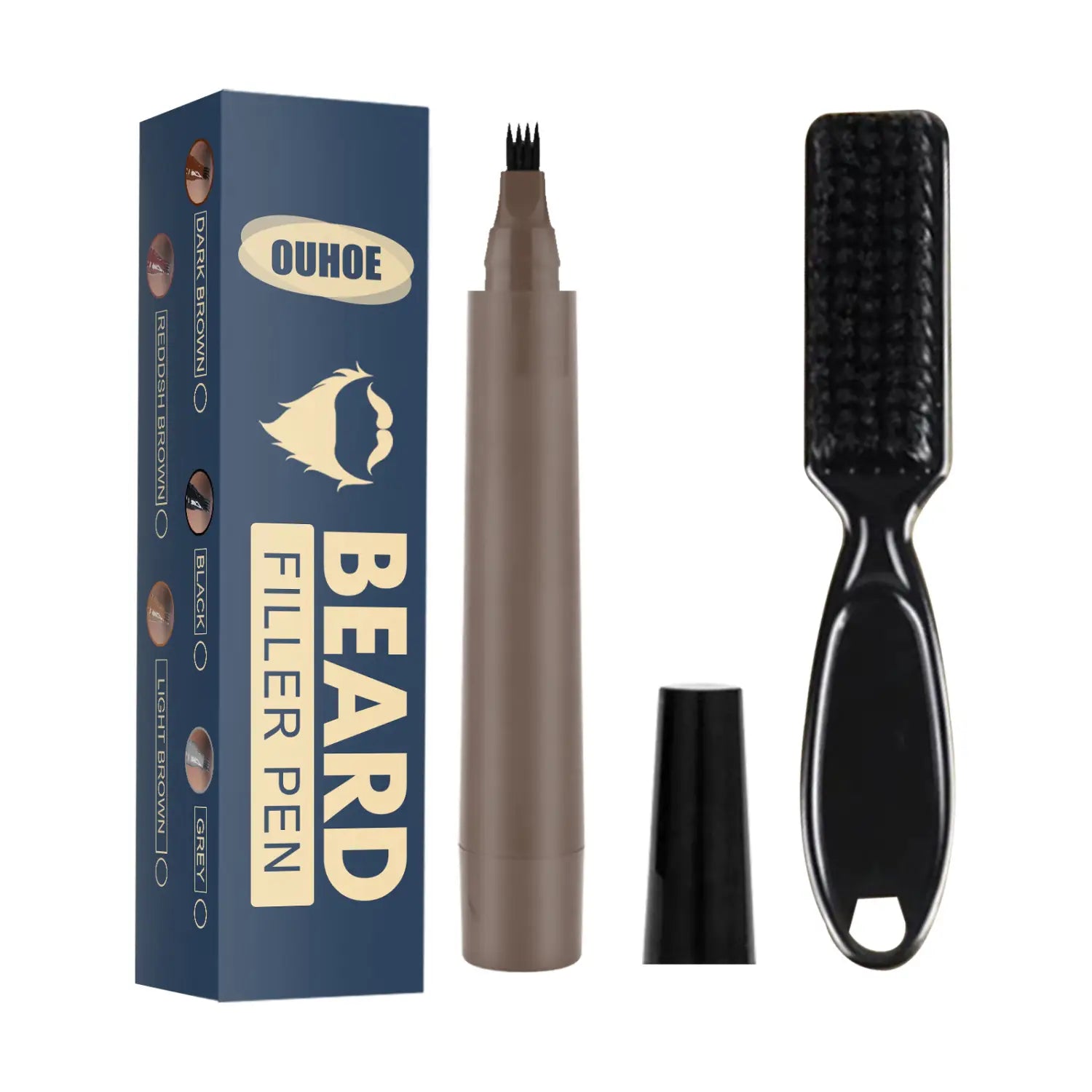 Bartfüller-Stift-Set der Marke Ouhoo mit wasserfestem fleckigen Bartstift, bräunlich-grauem Körper, feiner Pinseltip-Spitze und einem schwarzen Applikator im Kamm-Stil.