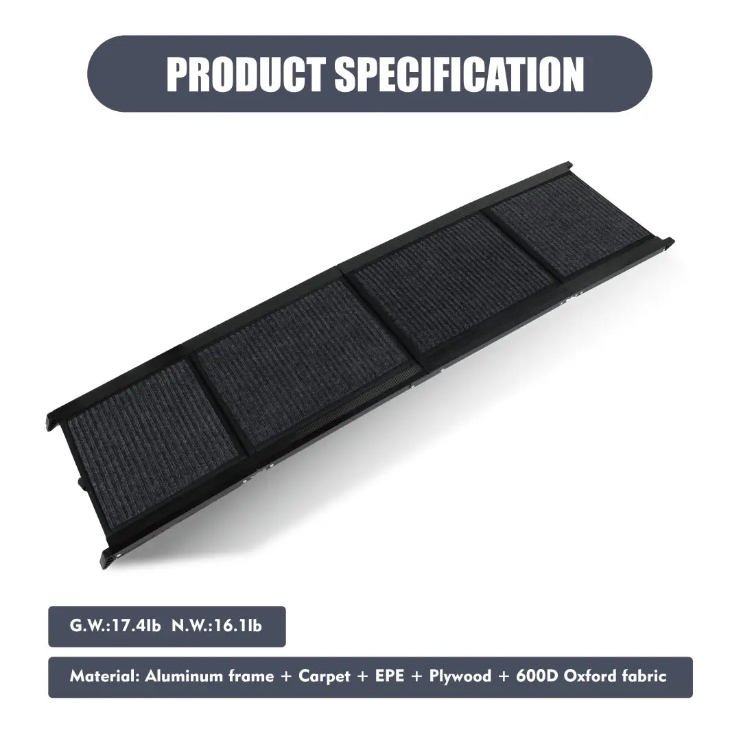 Rampa negra para coche de perro con superficie de alfombra con textura y estructura de aluminio, diseñada como un paso portátil plegable para mascotas que soporta hasta 250 libras.