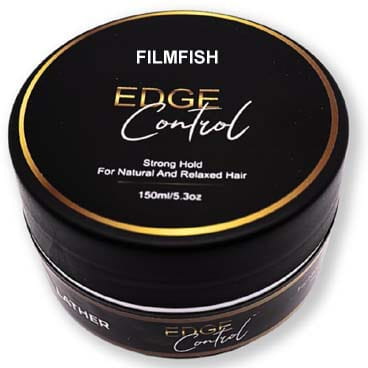 Récipient cylindrique noir à bordure dorée, étiqueté filmfish, cire coiffante pour cheveux à tenue forte, contrôle des contours pour la mise en forme, 150 ml, pour des cheveux naturels et détendus.