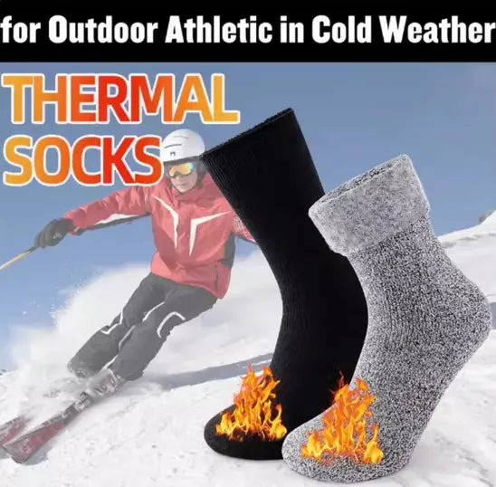 Black and gray thermal winter socks with a fuzzy textured knit design for unisex cold protection are shown.