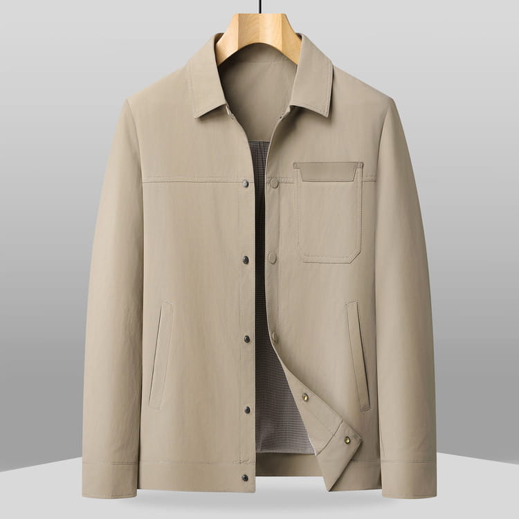 Beige men lapel utility jacket with structured collar and two front pockets featuring checkered lining.