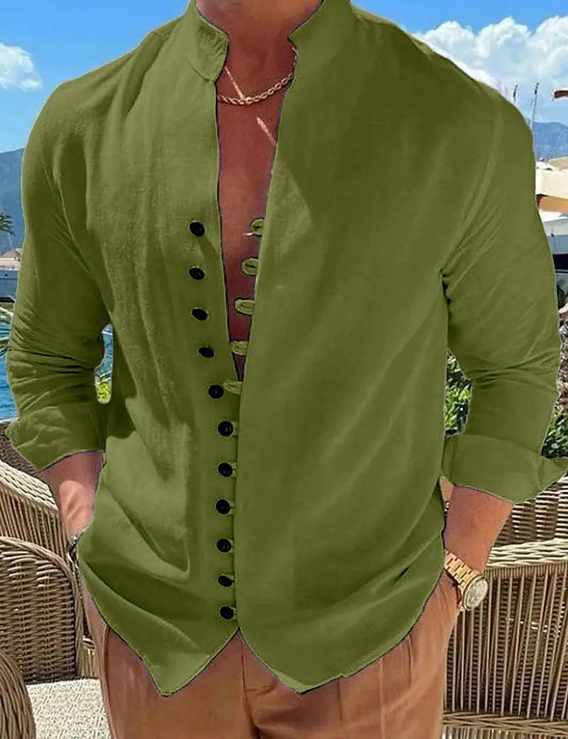Olive green long-sleeved mandarin collar linen blend shirt with black buttons designed to be wrinkle resistant and casual.