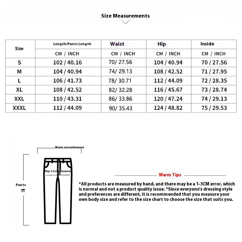 Größentabelle mit Maßangaben für Hosen in Zentimetern und Zoll für Größen von S bis XXXL im Kontext eines Produkts mit gestreiftem Langarmhemd für Herren.