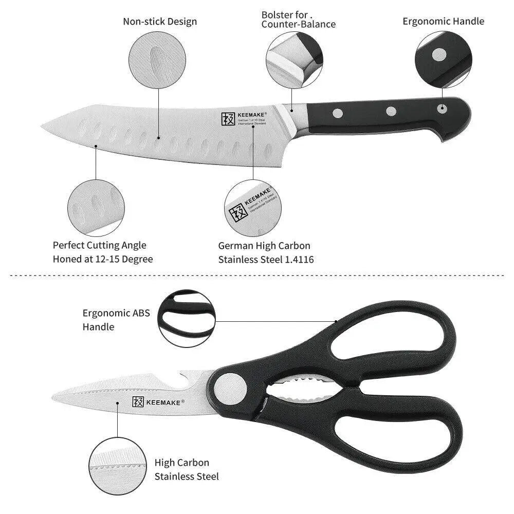 Ensemble de couteaux de chef avec manche noir et argent, comprenant une lame en acier inoxydable allemand à haute teneur en carbone, des poignées ergonomiques antiadhésives et des ciseaux de cuisine assortis à lames dentelées en ABS noir.