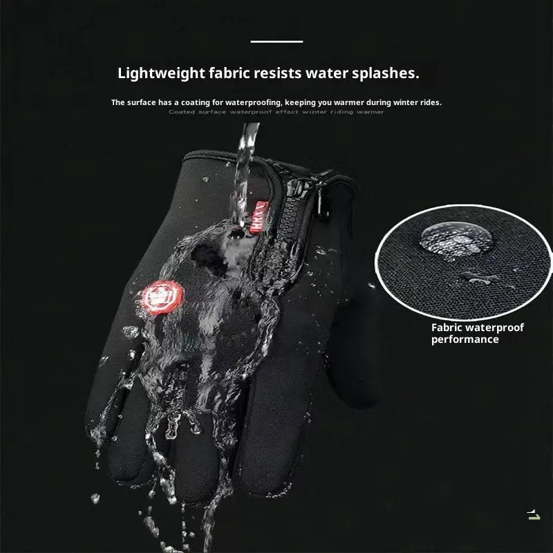 Black waterproof women’s winter cycling glove with zipper closure and red logo patch shown from the back side designed for touchscreen use.