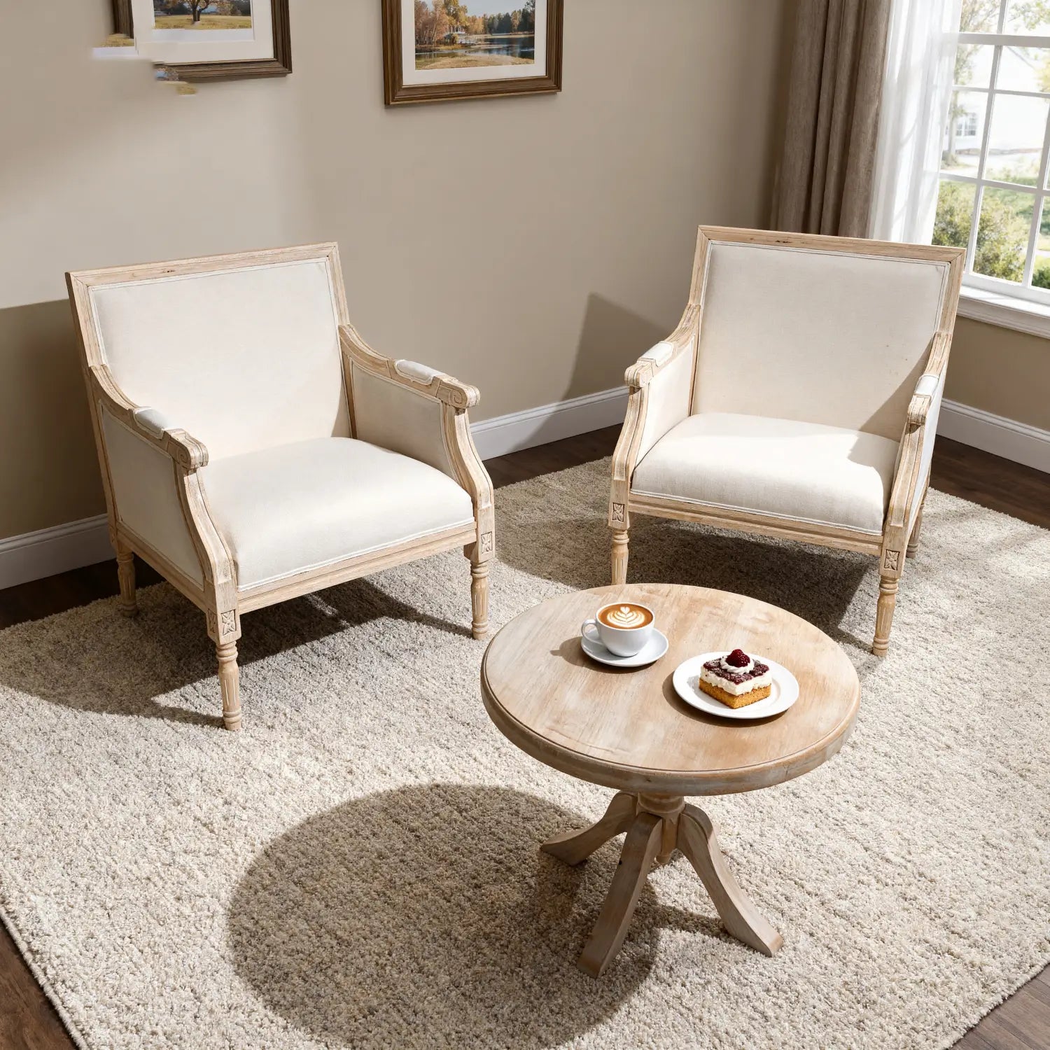 Par de sillas francesas de acento con tapicería de lino color crema y marcos de madera clara envejecida.
