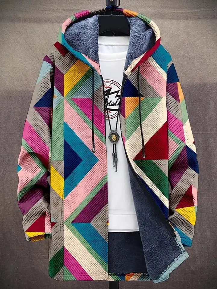 A vibrant geometric fleece men’s jacket featuring multicolored triangular patterns and a plush blue-lined hood interior.