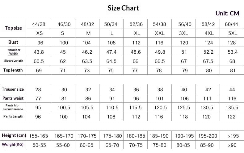 Tabla de tallas para traje de dos piezas ajustado tipo slim fit para hombre con rayas, que muestra medidas en centímetros para las tallas xs a 5xl.