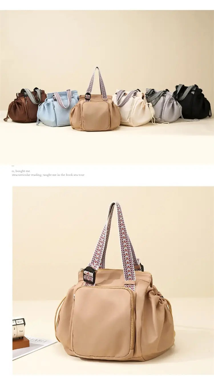 Beige multifunctional waterproof nylon fashion tote and backpack with patterned fabric straps and a front pocket made of canvas.