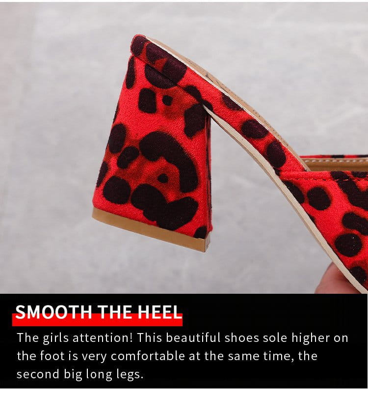leopard square toe chunky heel mule sandals in red white and tan with leopard print and block heels