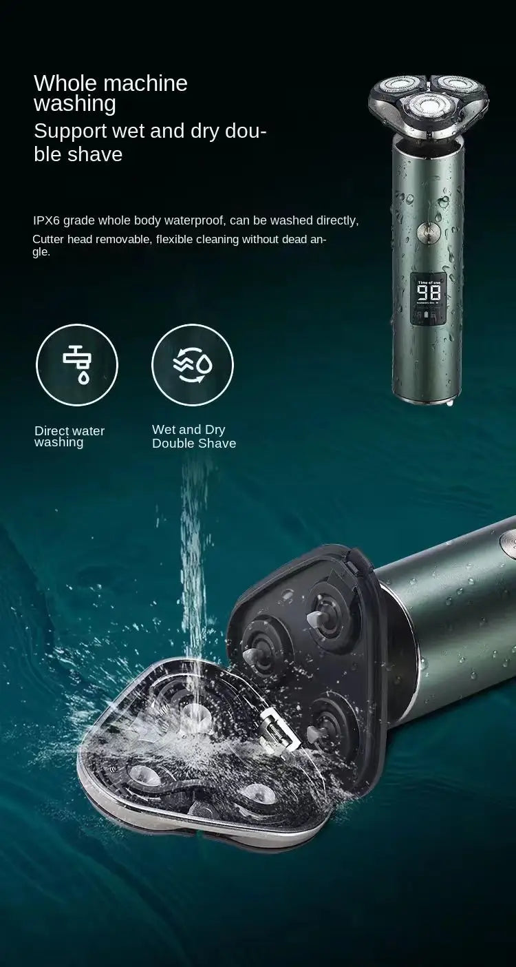 Rasoir électrique pour homme vert métallique avec trois têtes de coupe circulaires et un écran numérique pour une utilisation portable.