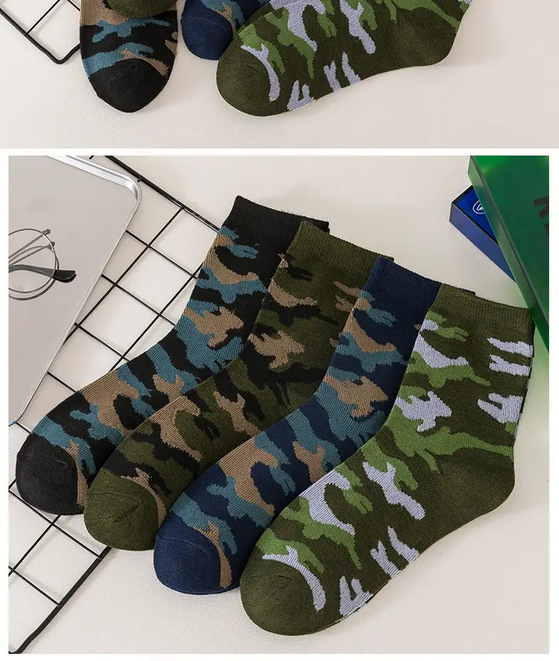 Camouflage military training socks for men in olive green navy blue and beige with white accents shown in multiple pairs.