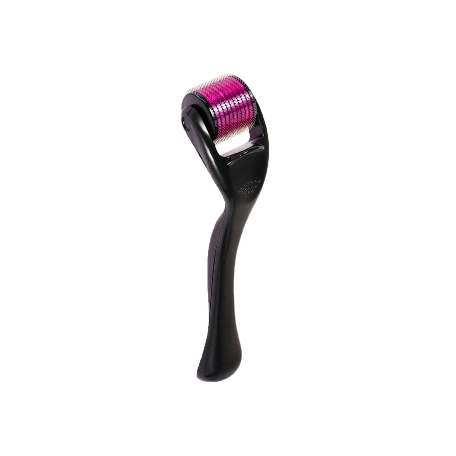 「ひげ育毛スプレーおよびダーマローラーキット30ml」に含まれる、黒いハンドルのダーマローラーで、鮮やかなピンクのグリッド柄のローリングヘッド付きのもの。