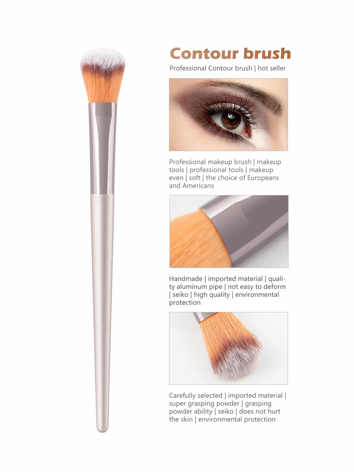 Silver contour makeup brush with soft tapered bristles and sleek aluminum handle for professional finger belly contouring.