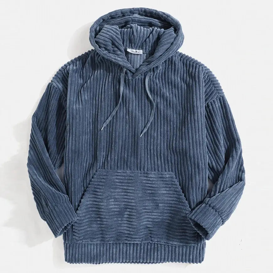 Homme : hoodie premium en velours côtelé à épaules tombantes bleu marine, avec texture côtelée, poche avant et cordons de serrage.