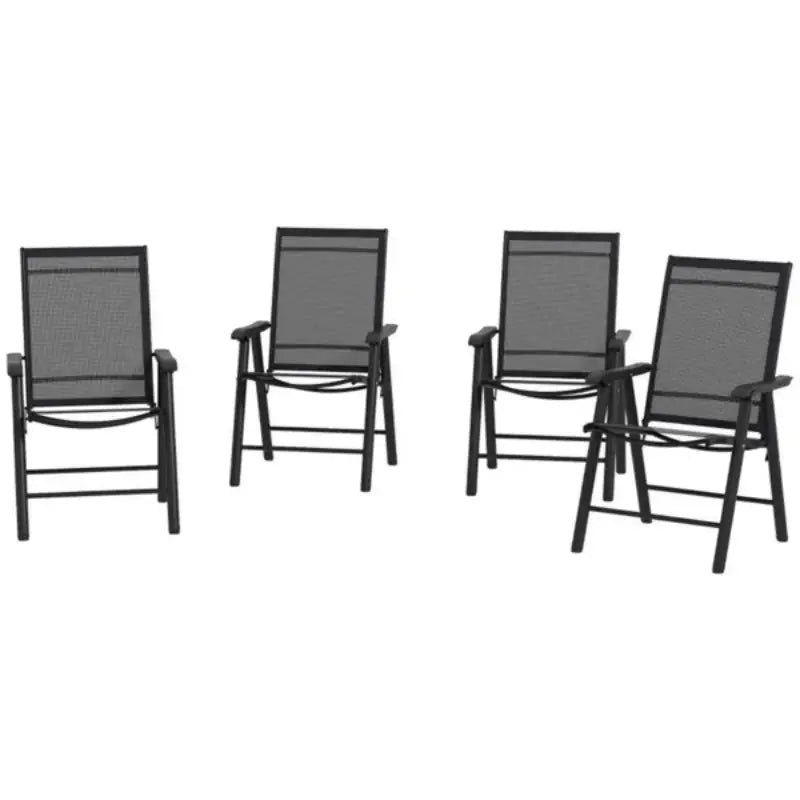 Lot de quatre chaises de patio pliantes noires pour l’extérieur avec dossiers et accoudoirs en maille, pour l’aménagement de patio.