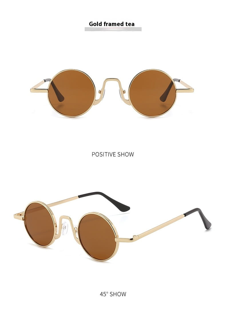 Gold-framed retro round hip hop sunglasses with brown mirrored lenses and black temple tips.