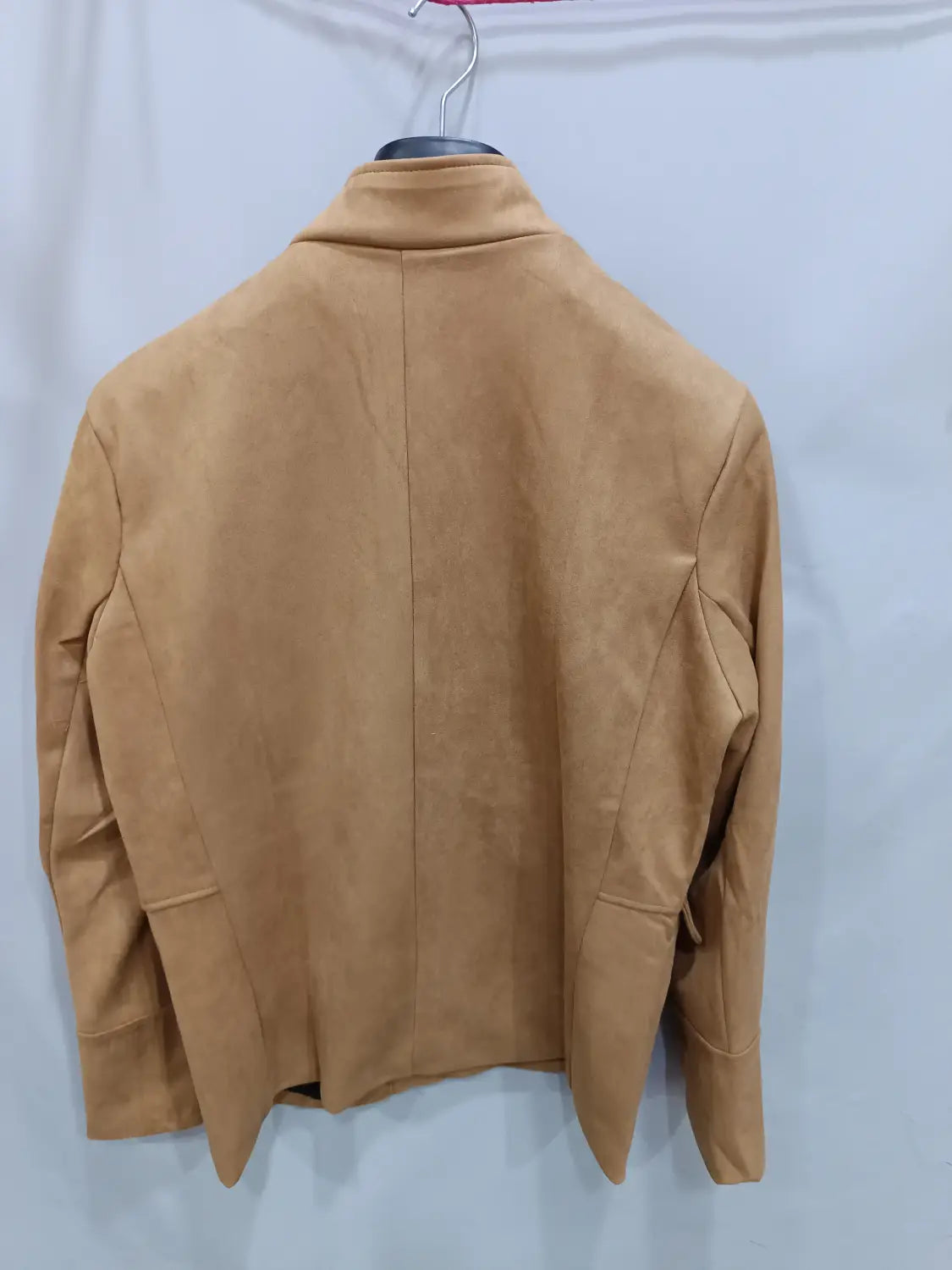 men’s tan suede retro casual blazer jacket featuring a structured collar and clean minimalist design