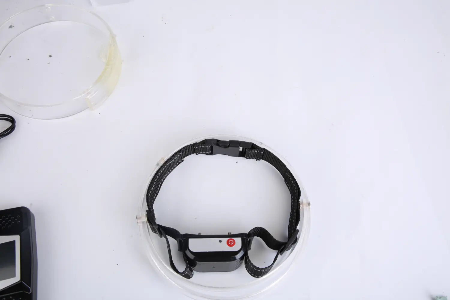 Black electronic dog collar with a white rectangular control module featuring a red power button for wireless dog fence and remote training use.