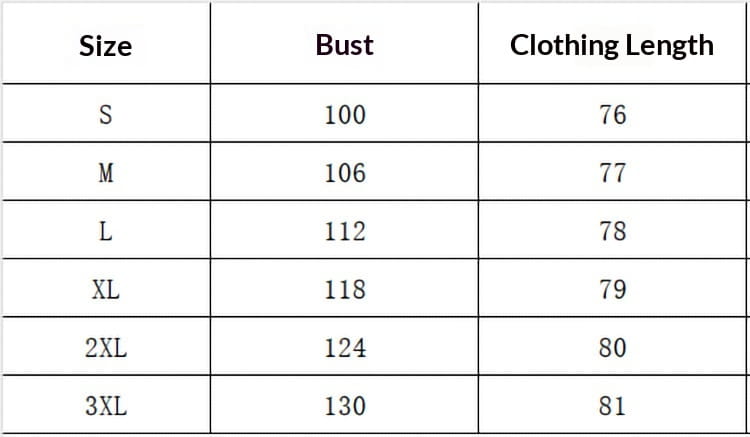 Guide des tailles pour une tunique en lin ample, décontractée, à manches longues pour femmes, présentant les mesures de la poitrine et de la longueur des vêtements, du S au 3XL.