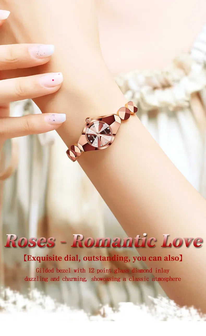 Luxe geometric faceted bracelet watch with diamond accents featuring a rose gold metal case and chain paired with deep brown leather or faux leather strap in a romantic rose theme.