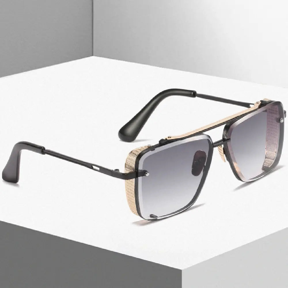 Retro metal mesh aviator sunglasses with black and gold frame and gradient gray uv400 lenses.