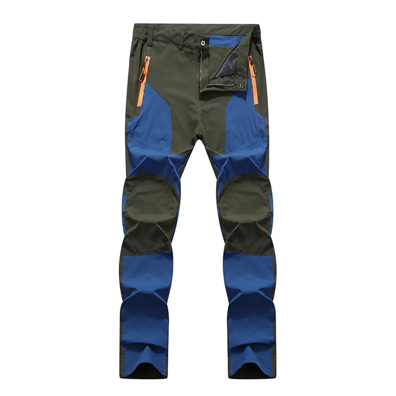men waterproof hiking pants stretch tactical trousers in dark olive and royal blue with reinforced knee panels and orange zipper accents designed for outdoor use