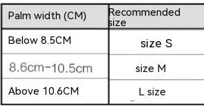 Size chart displaying palm width measurements in centimeters with recommended small medium and large sizes for black and red mesh weightlifting gloves with wrist straps.