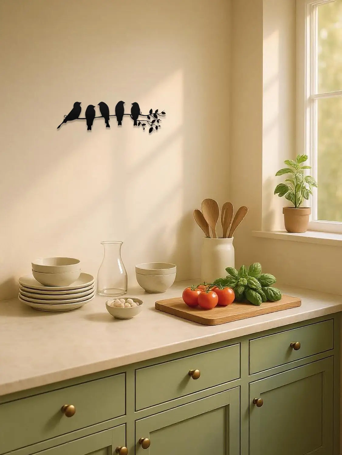 Sculpture de décoration murale en métal noir représentant un oiseau, avec cinq oiseaux perchés sur une branche dans un design en silhouette.