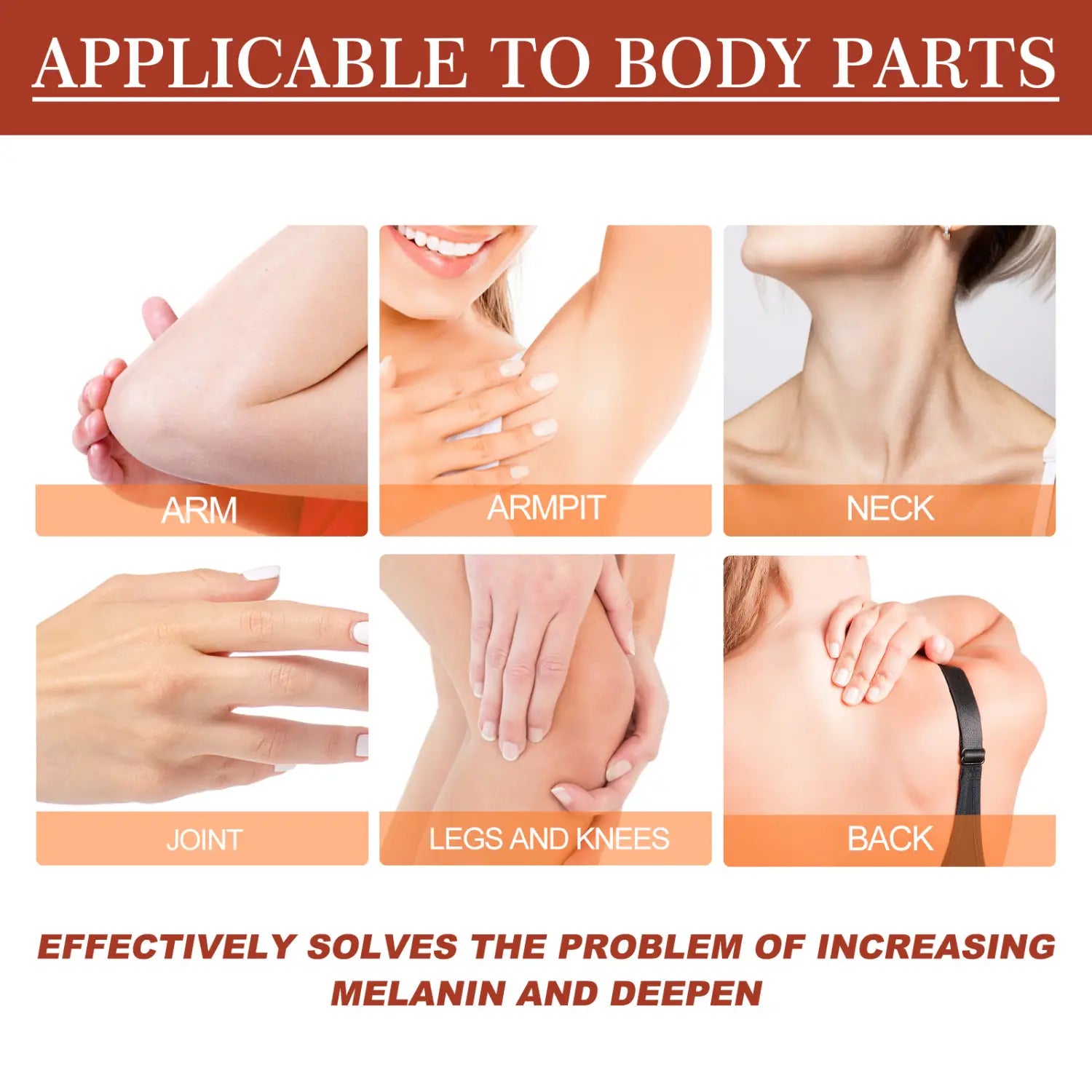 the image displays an advertisement for acanthosis nigricans peeling oil for dark spots 110ml targeting melanin increase on illustrated body areas including arm, armpit, neck, joint, legs, knees, and back.