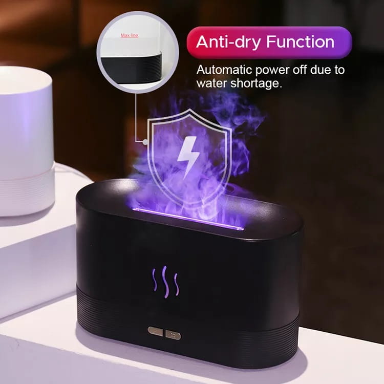 Black oval-shaped flame humidifier rgb essential oil aroma diffuser with a sleek matte finish and purple led lighting along its base and 180ml capacity