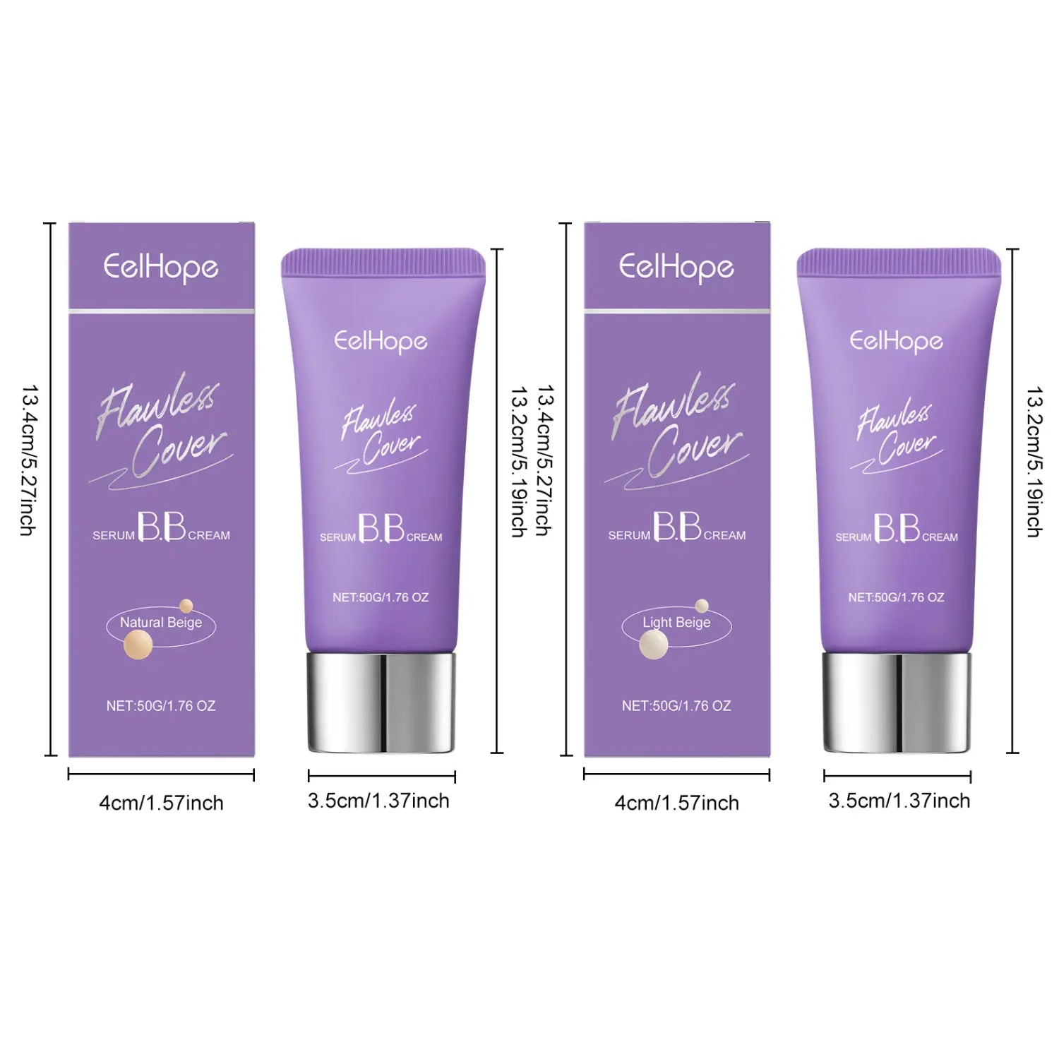 Tube violet de bb crème Eelhope à la couvrance parfaite, sérum hydratant 50 g, en tubes avec des capuchons argent et des échantillons de produit beige présentés.