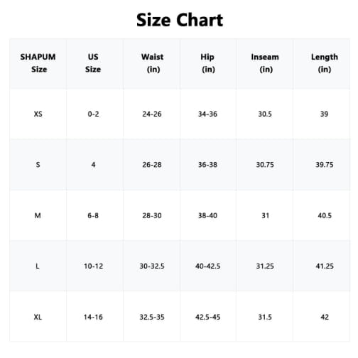Size chart for Shapum wide leg stretch denim jeans displaying measurements in inches for US sizes XS to XL.