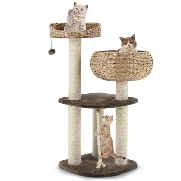 41 Inch Hand-woven Water Hyacinth Cat Tree 3 Sisal Scratching Posts Multi-level Activity Center for Cats-brown