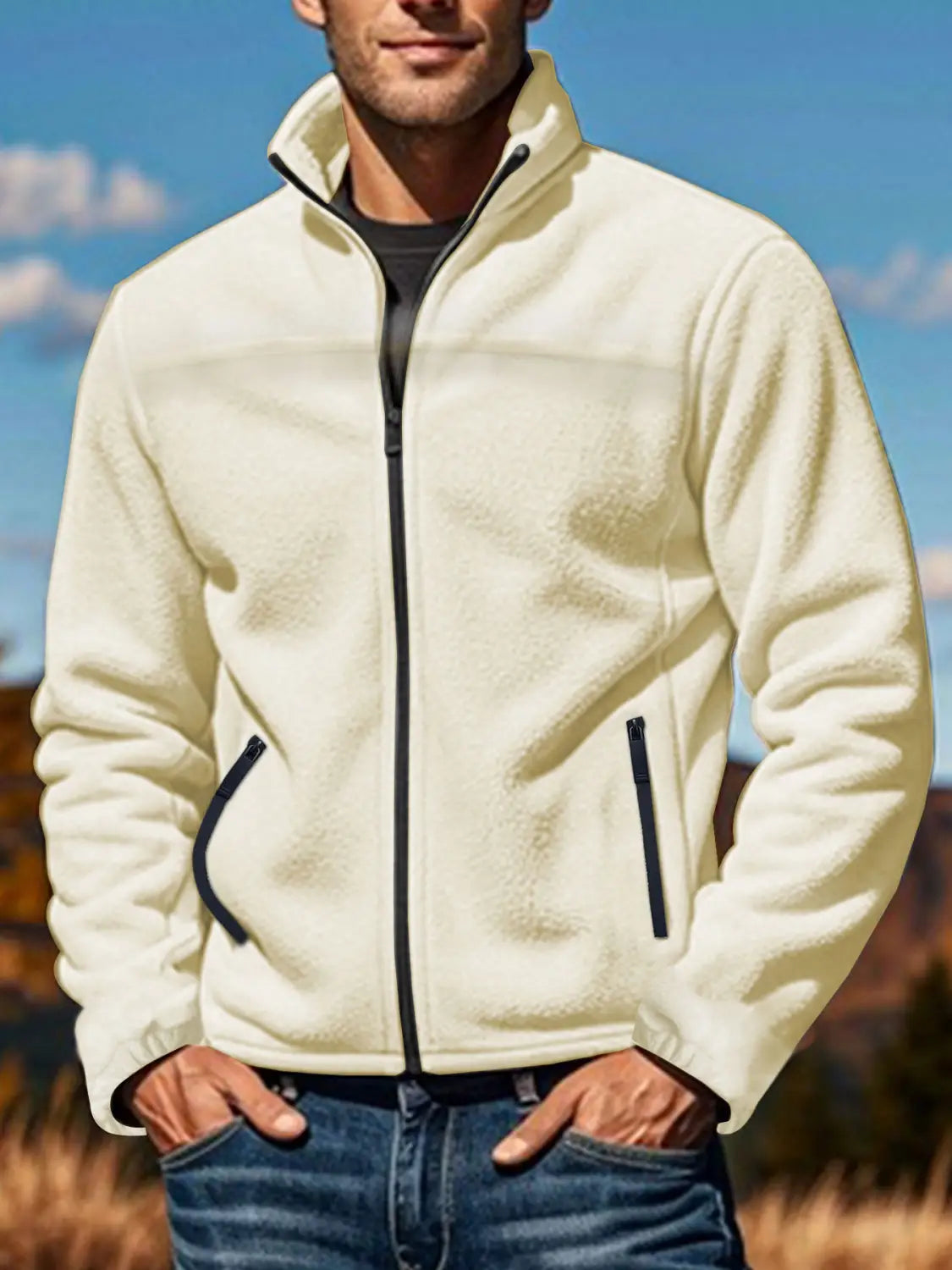 Chaqueta polar para hombre de cierre completo con cuello alto en color crema, con detalles de cremallera negra y bolsillos laterales, confeccionada con material de forro polar suave.