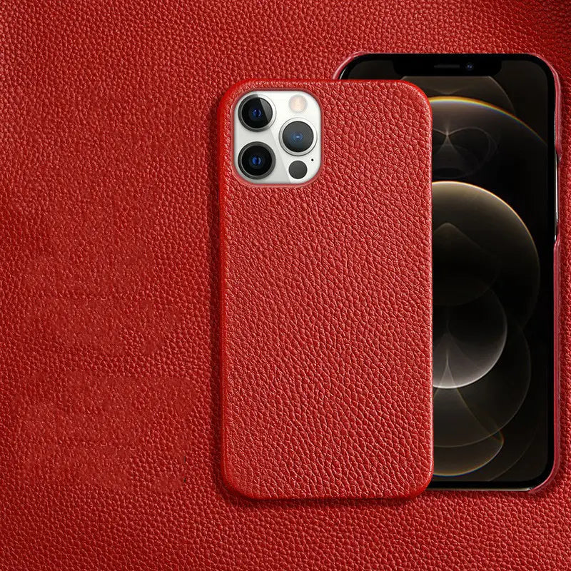 Red textured genuine leather anti drop phone case for iphone 12 pro shown from the back side.