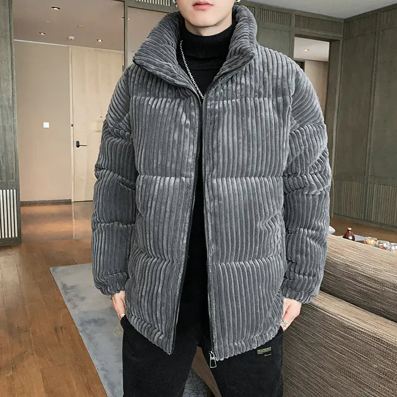 Men’s thickened gray corduroy puffer jacket with high collar and quilted design shown from the back side